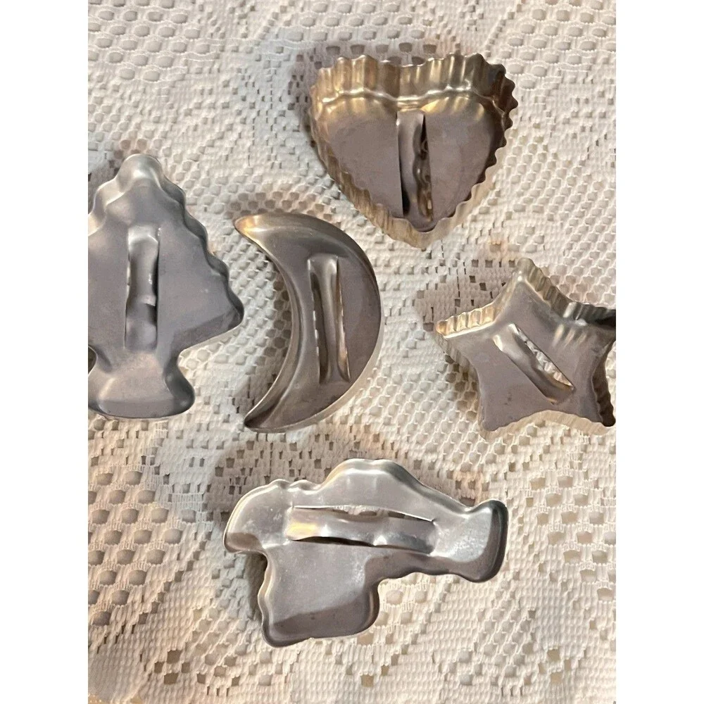 Vintage Aluminum Christmas Cookie Cutter Set Santa Tree Heart Moon Star 5 Pc
